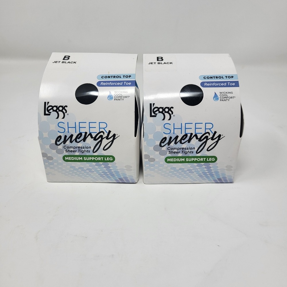 2 pair L'eggs Sheer Energy Medium Jet Black B Support Control Top Compression‎